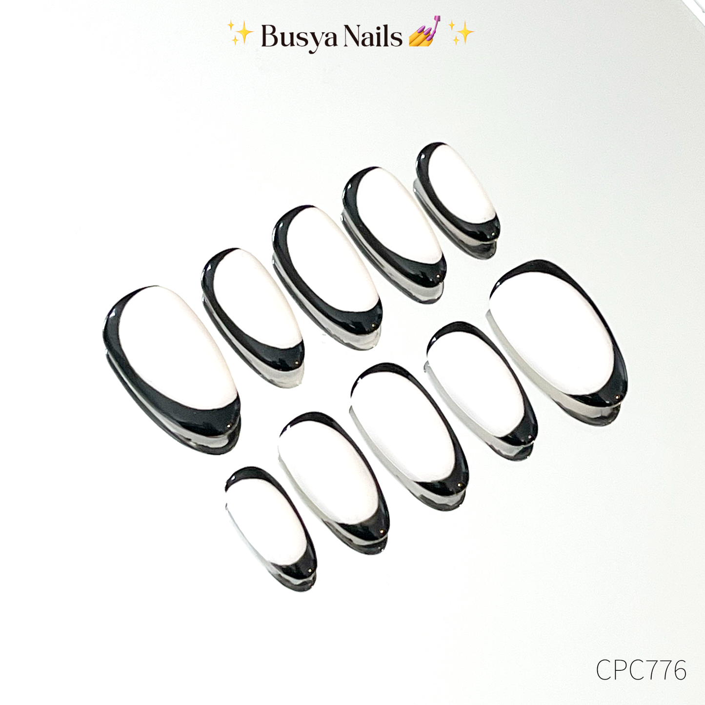 Busya Nails - Black & White Side French Pressed On Nails Kuku Palsu Free Tools