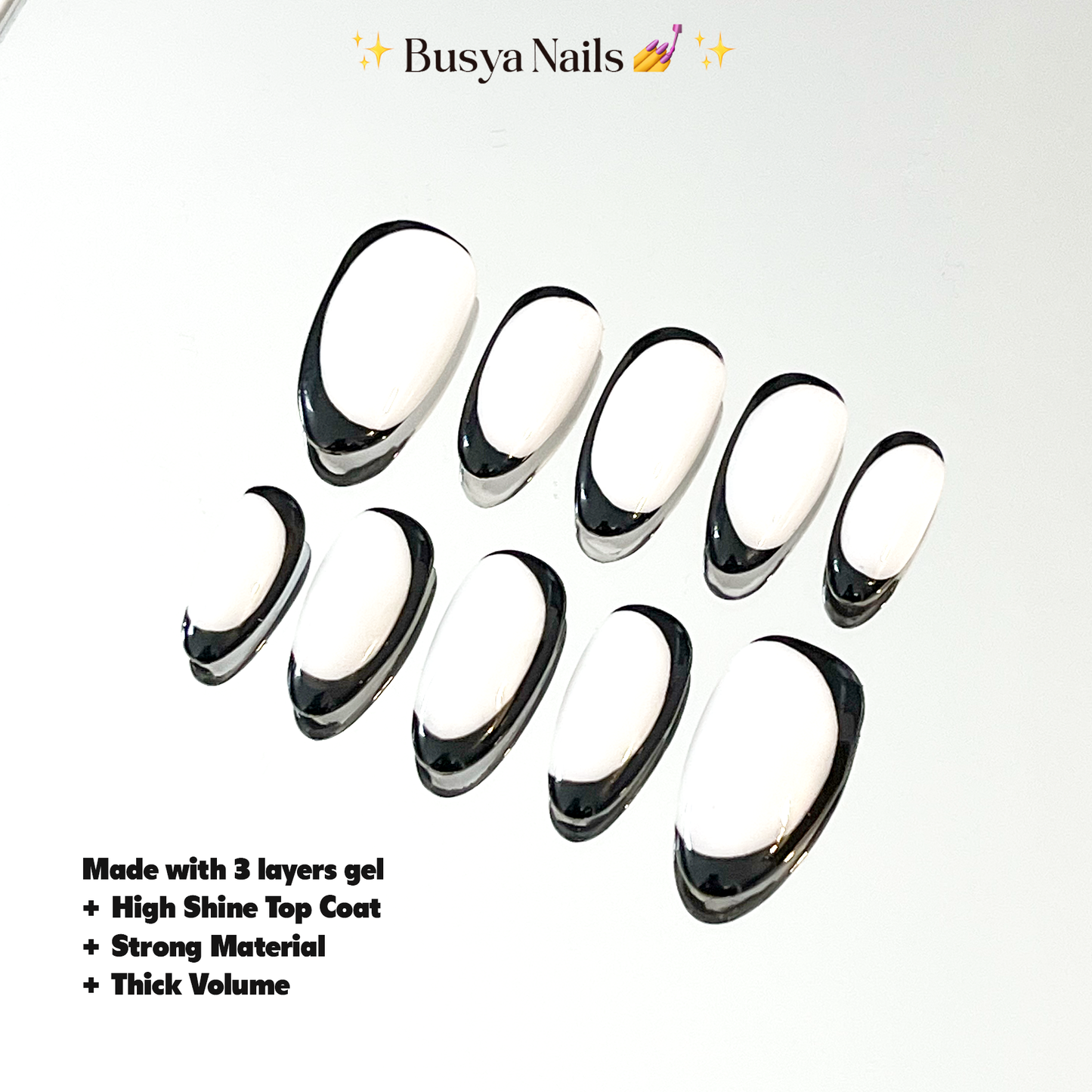 Busya Nails - Black & White Side French Pressed On Nails Kuku Palsu Free Tools