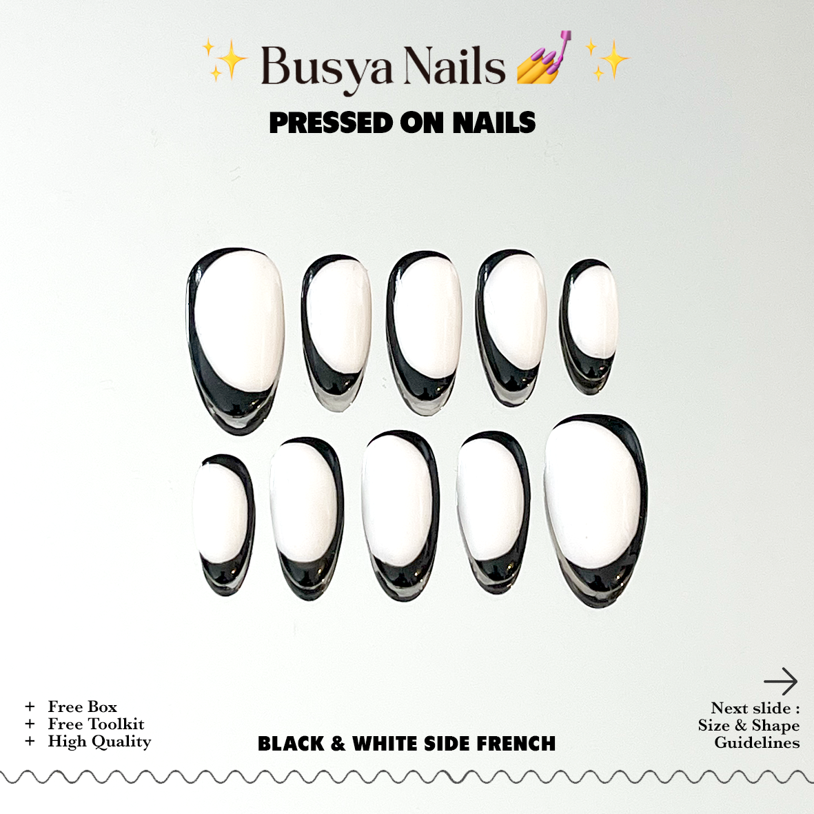 Busya Nails - Black & White Side French Pressed On Nails Kuku Palsu Free Tools