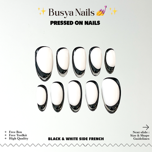 Busya Nails - Black & White Side French Pressed On Nails Kuku Palsu Free Tools