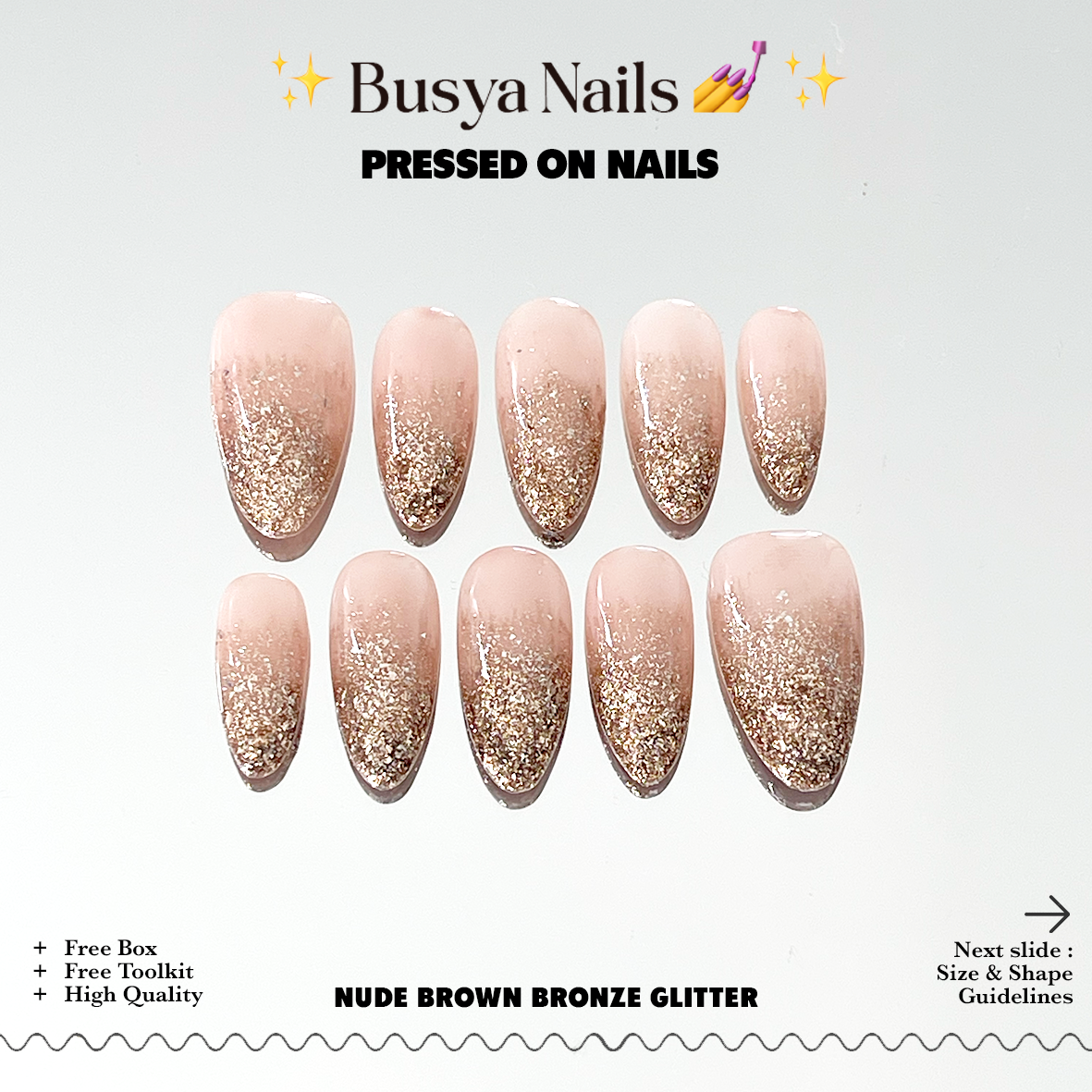 Busya Nails - Nude Brown Bronze Glitter Pressed On Nails Gel Free Toolkit Kuku Palsu