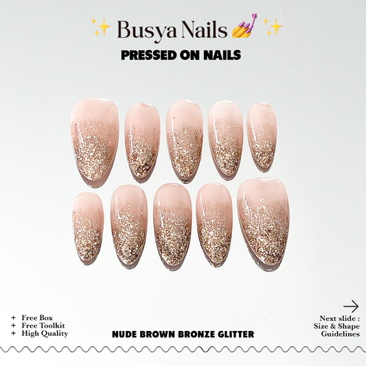 Busya Nails - Nude Brown Bronze Glitter Pressed On Nails Gel Free Toolkit Kuku Palsu