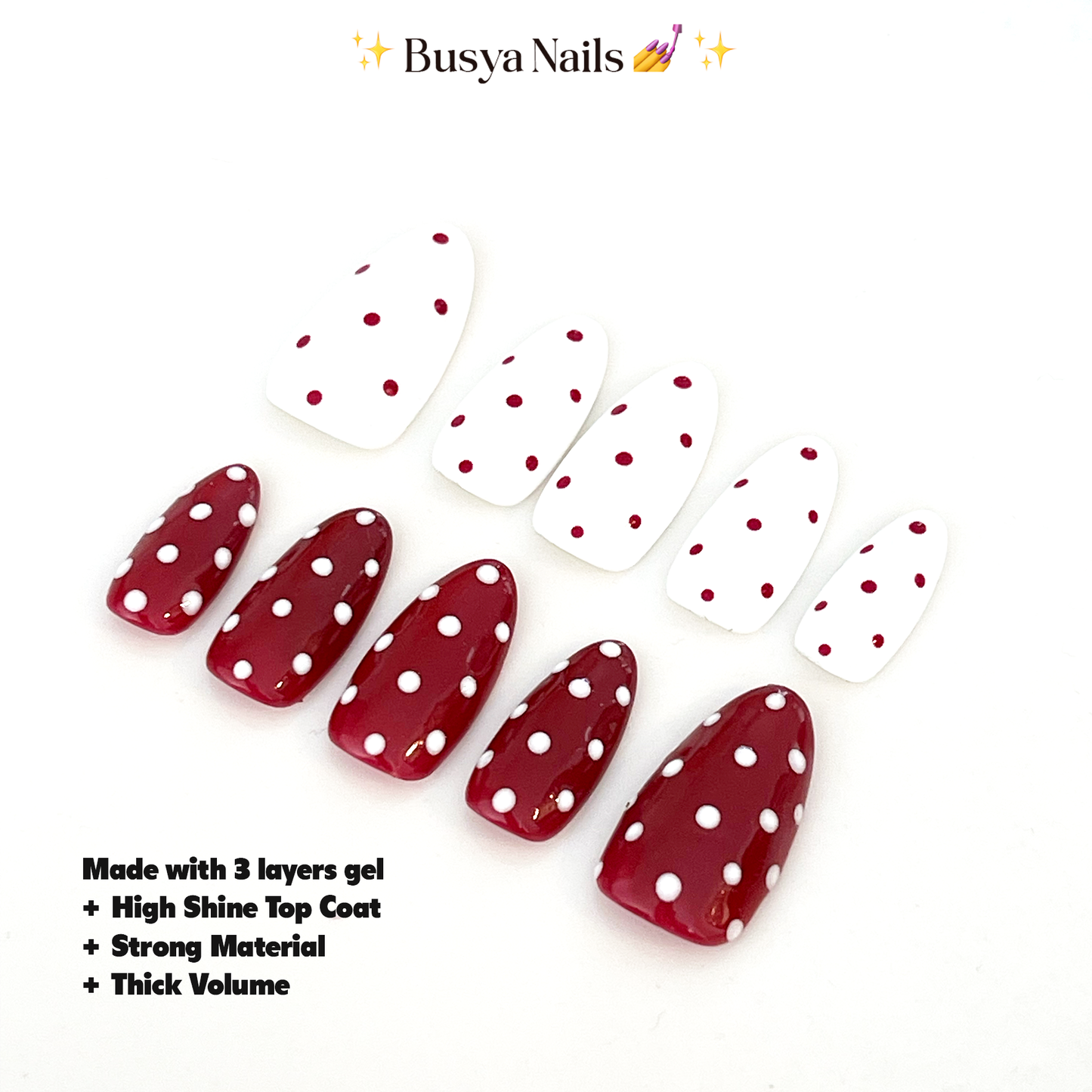 Busya Nails - White Maroon Alter Polka Dots Pressed On Nails Gel Free Toolkit Kuku Palsu