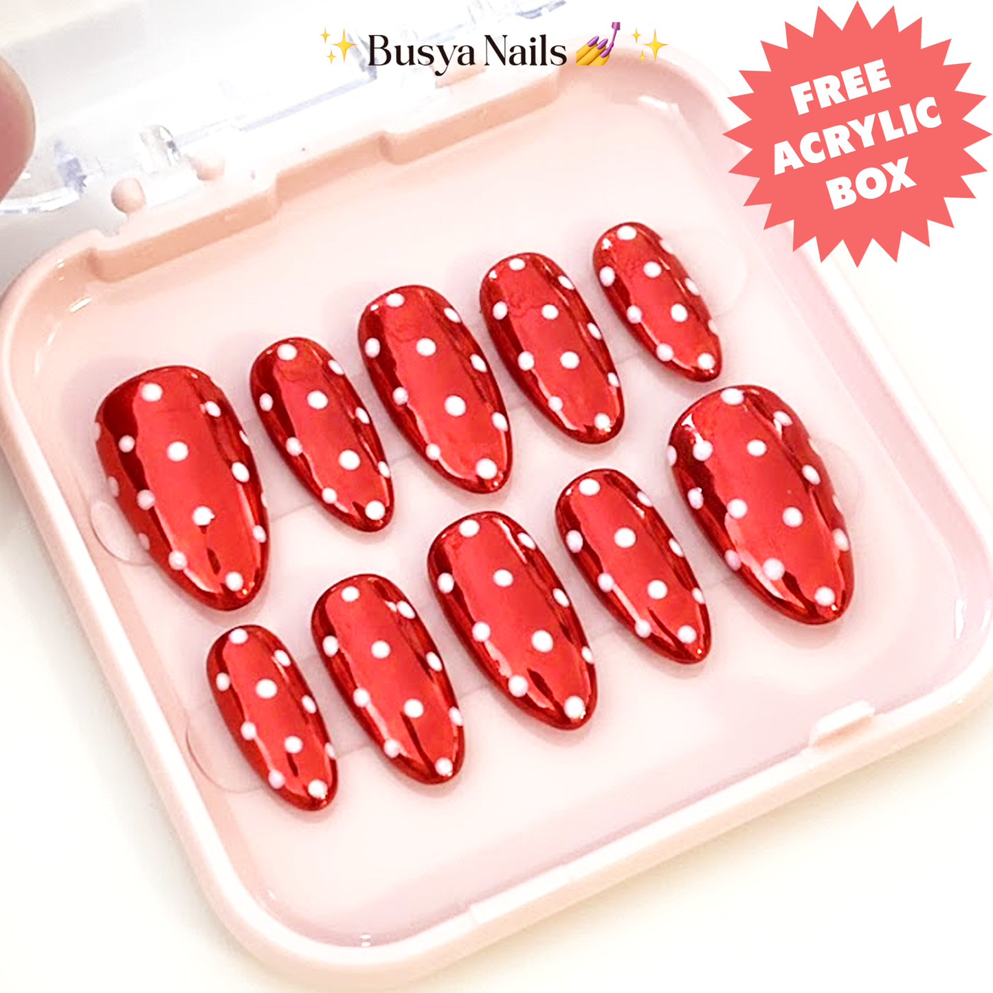 Busya Nails - Red Chrome Polka Dots Pressed On Nails Kuku Palsu Free Lem Tools