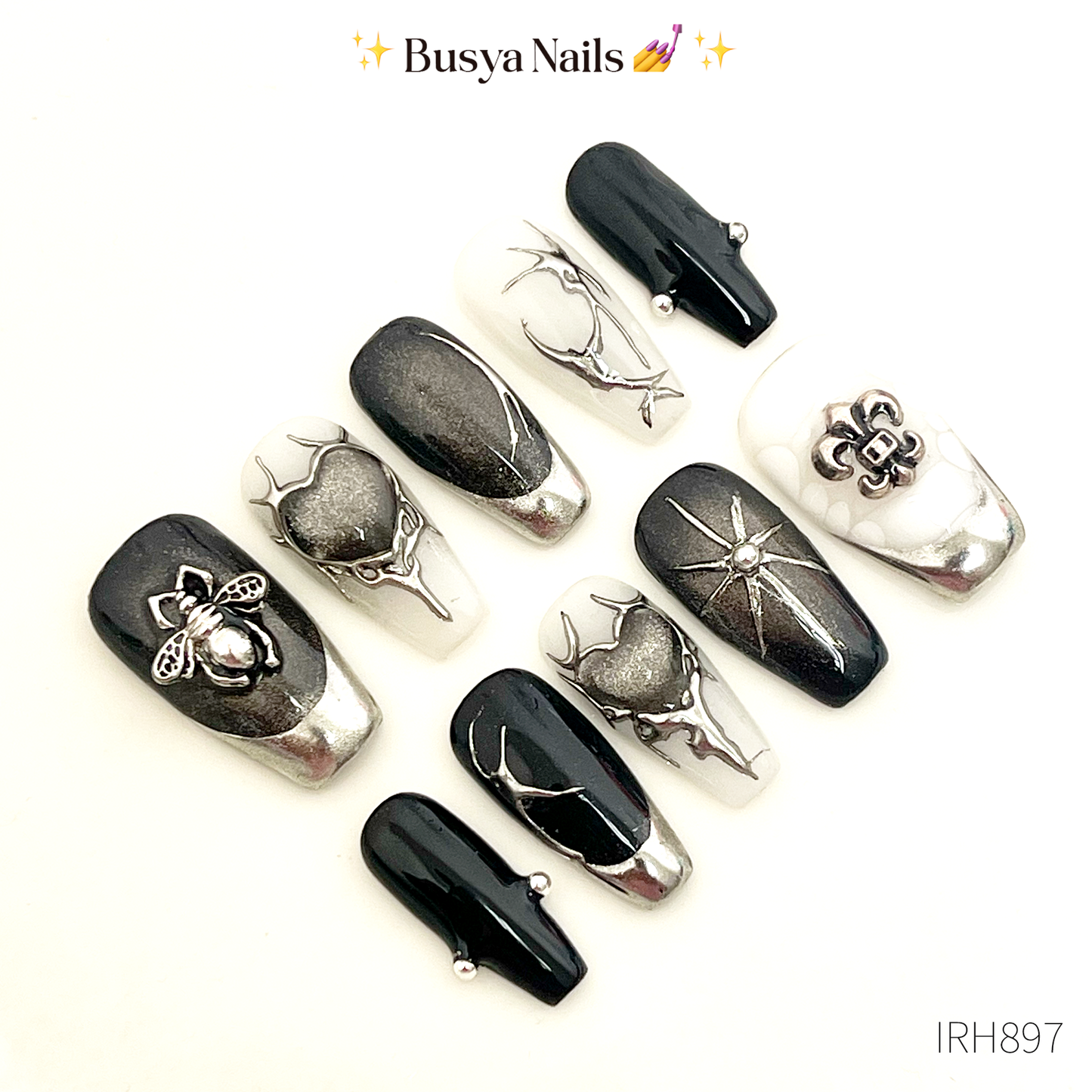 Busya Nails - Iron Heart Y2K Gothic Pressed On Nails Gel Free Toolkit Kuku Palsu