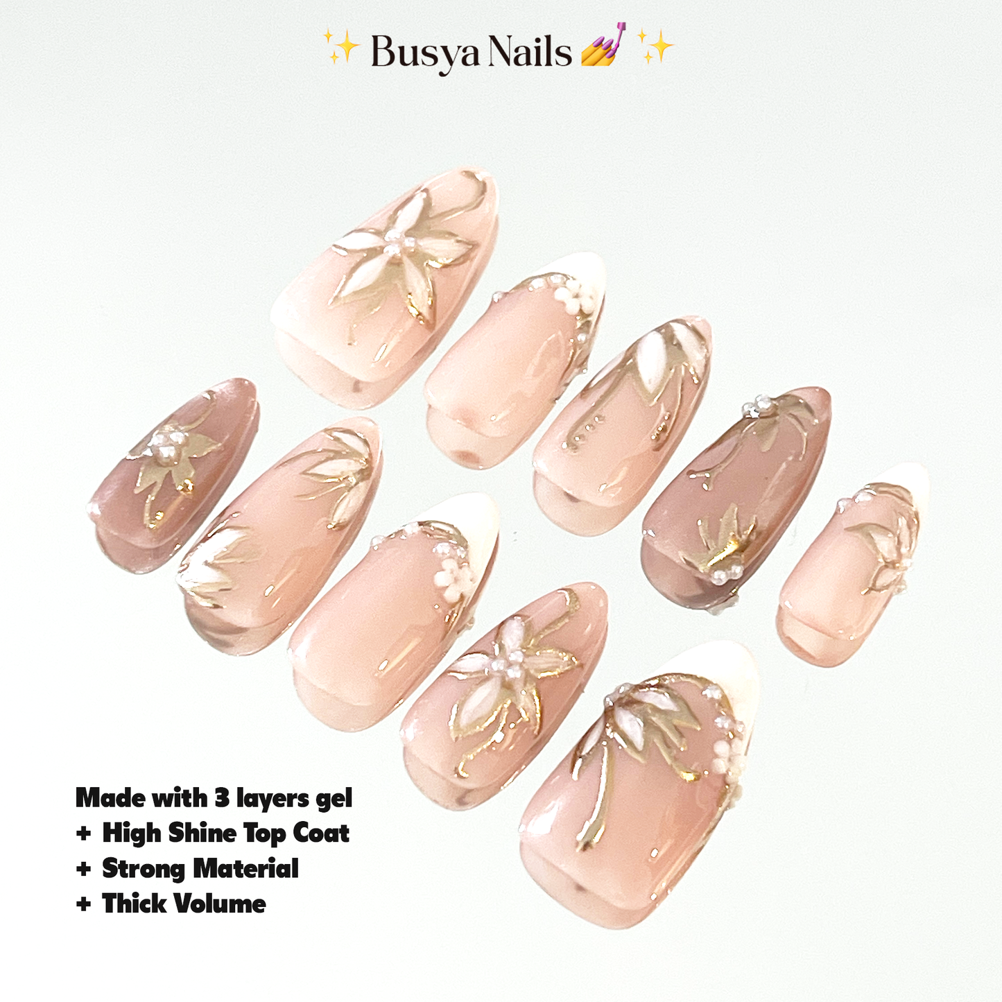 Busya Nails - French Wedding White Lily Nails Pressed On Nails Putih Nude Kuku Palsu Free Lem Tools