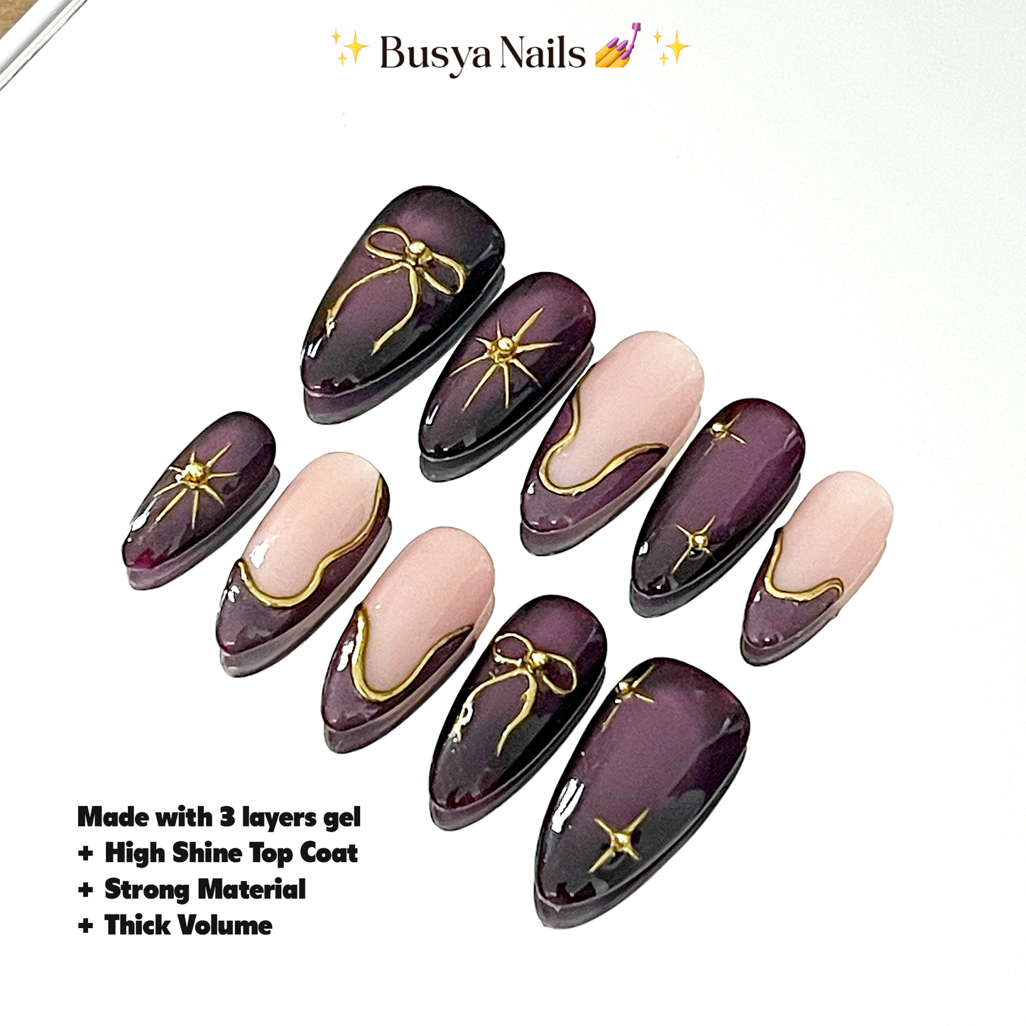 Busya Nails - Dreamies in Burgundy Cat Eye Pressed On Nails Kuku Palsu Free Tools