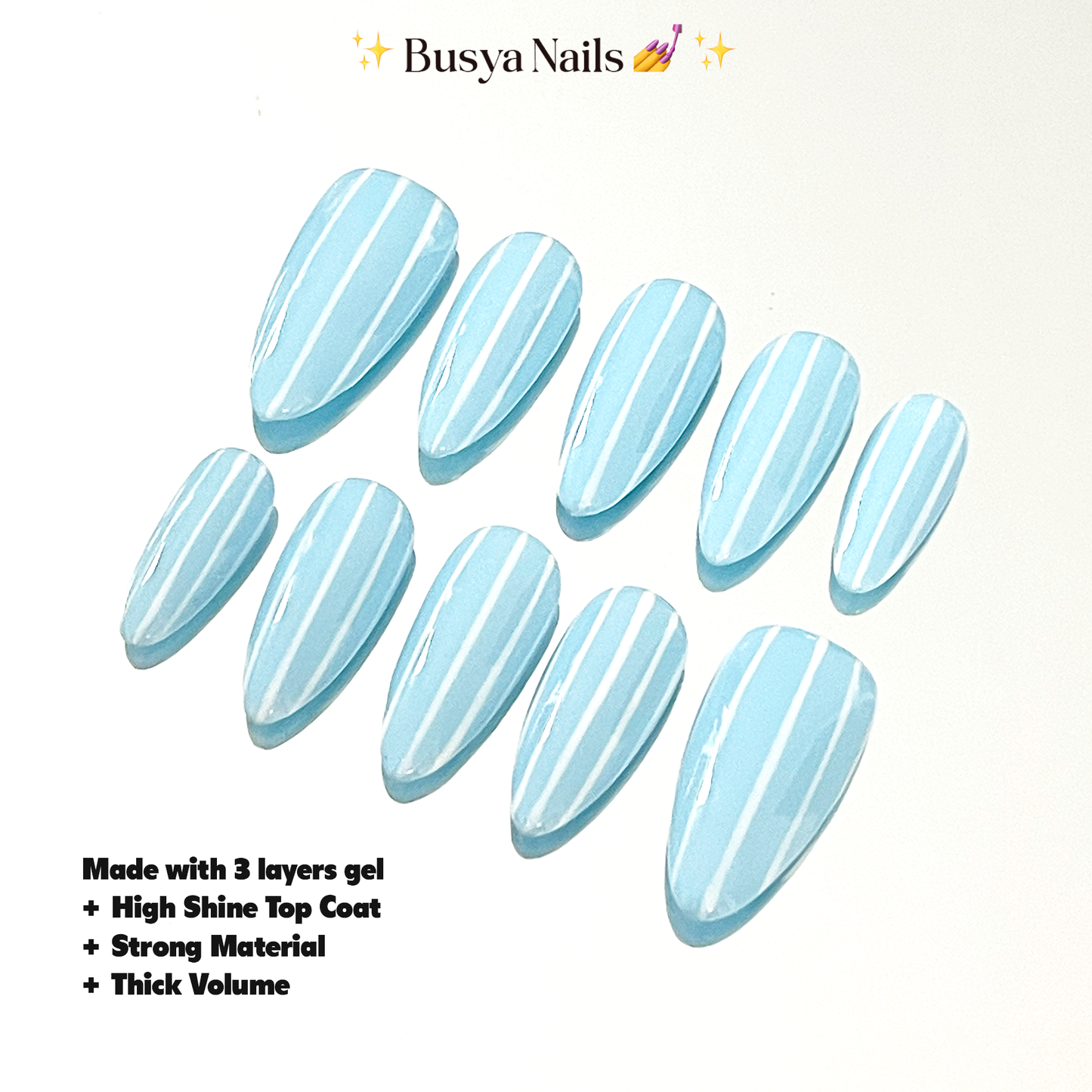 Busya Nails - Blue White Stripes Summer Pressed On Nails Kuku Palsu Free Tools
