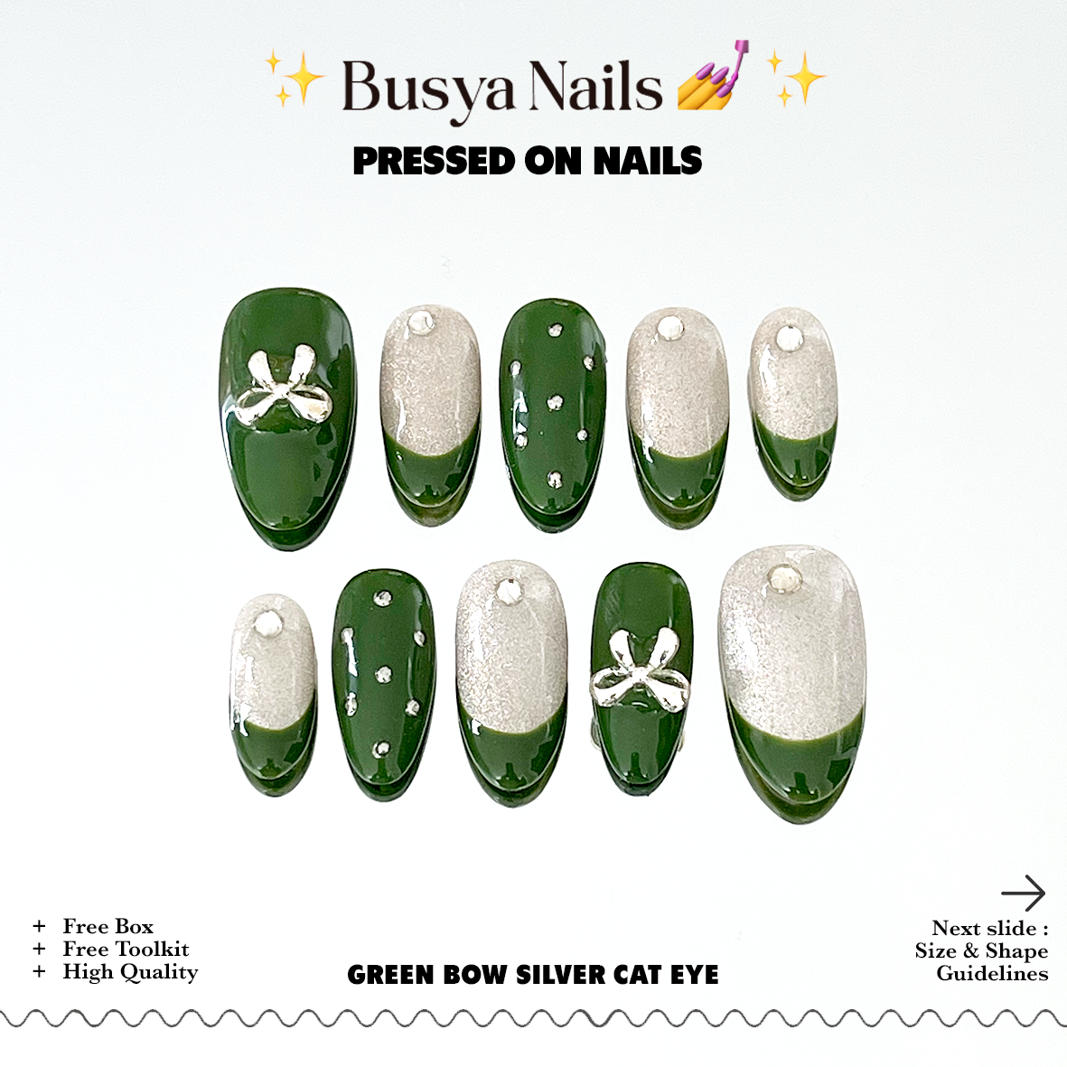 Busya Nails - Green Bow Cat Eye Silver Nails Pressed On Nails Putih Nude Kuku Palsu
