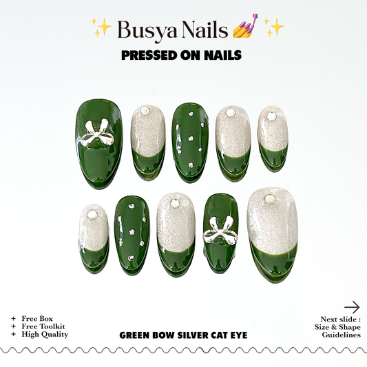 Busya Nails - Green Bow Cat Eye Silver Nails Pressed On Nails Putih Nude Kuku Palsu