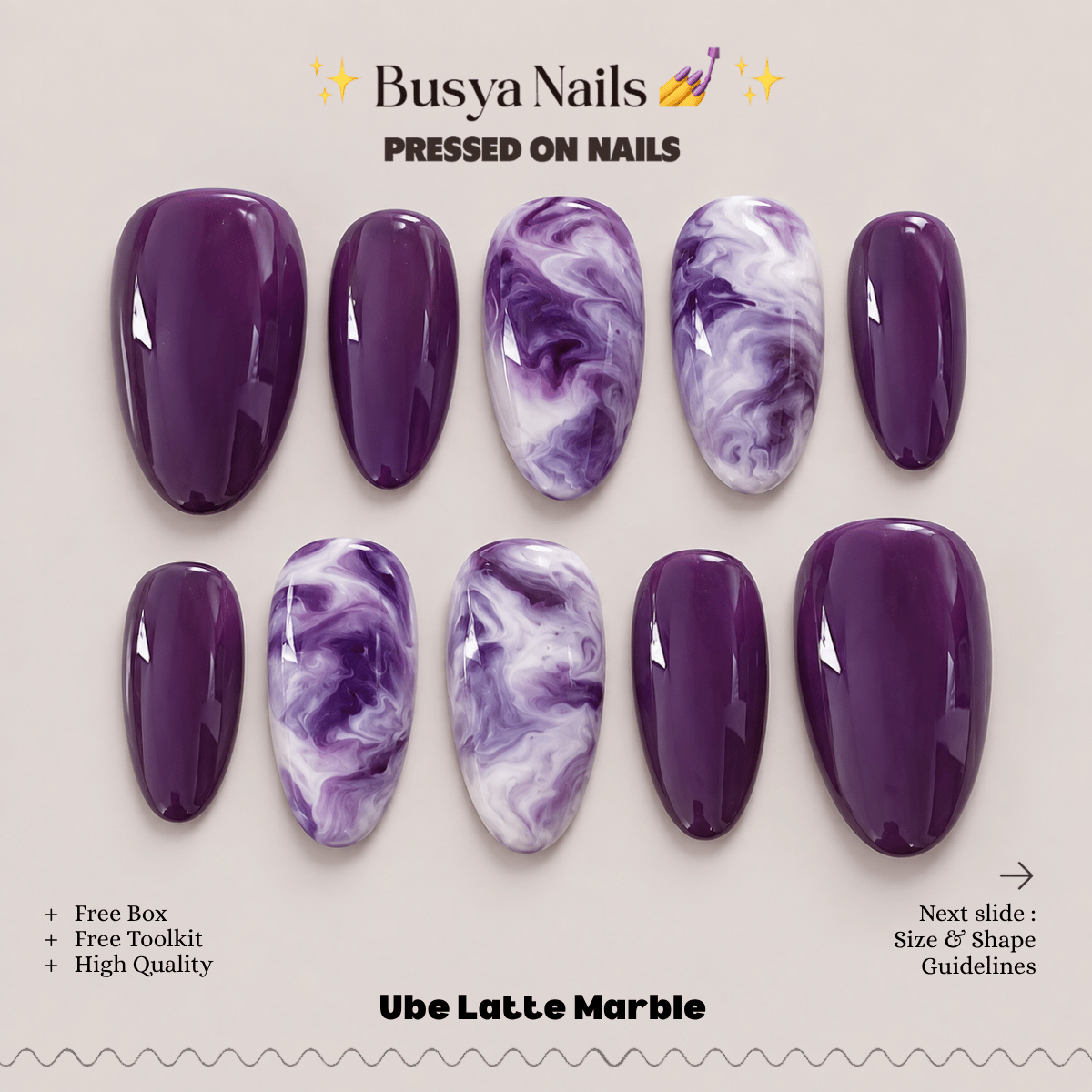 Busya Nails - Ube Latte Marble   Pressed On Nails Kuku Palsu Free Tools