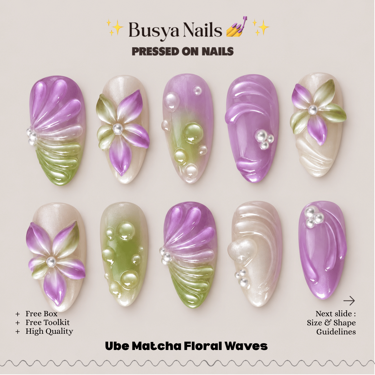 Busya Nails - Ube Matcha Floral Waves   Pressed On Nails Kuku Palsu Free Tools