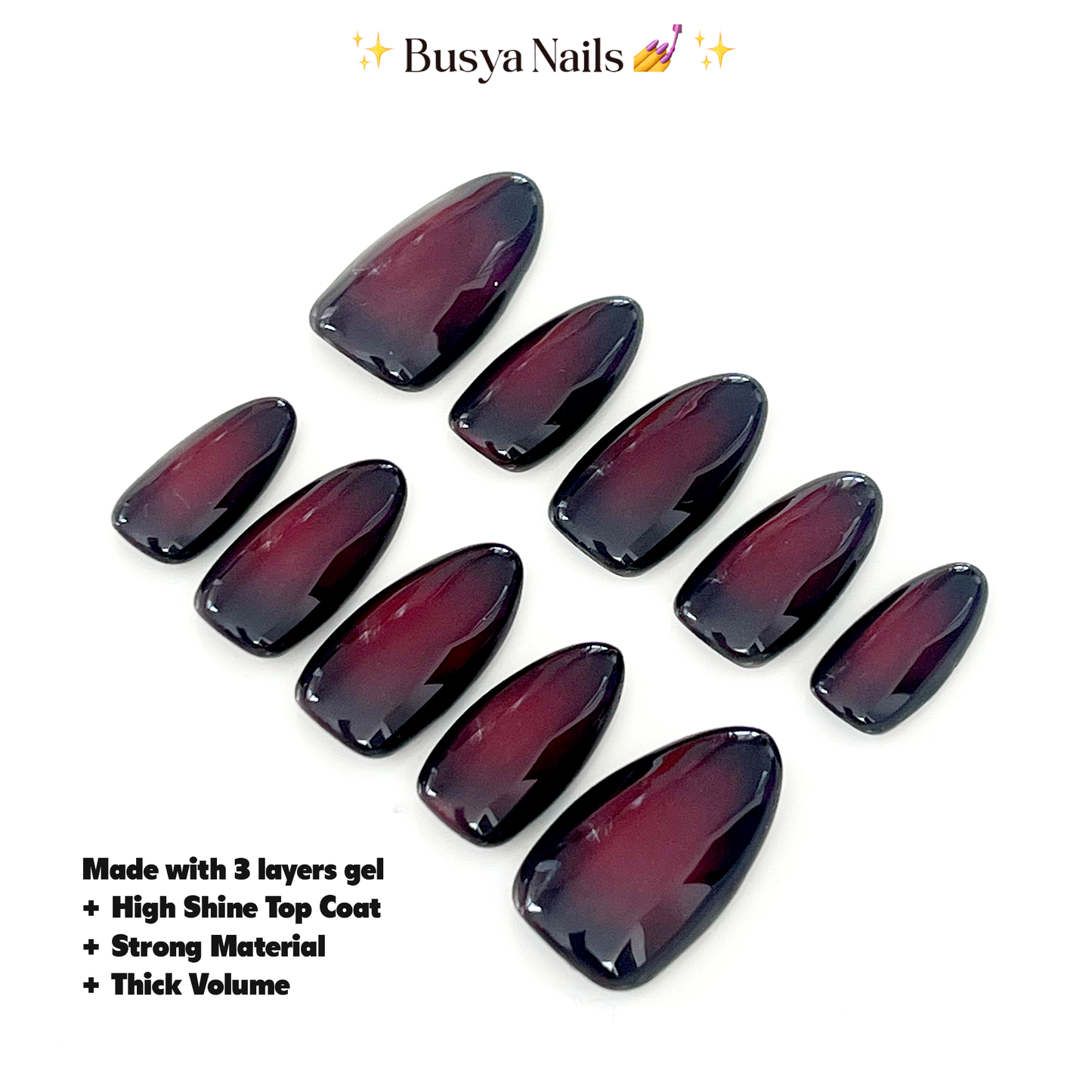 Busya Nails - Deep Red Ombre Vampire Pressed On Nails Kuku Palsu Free Lem Tools