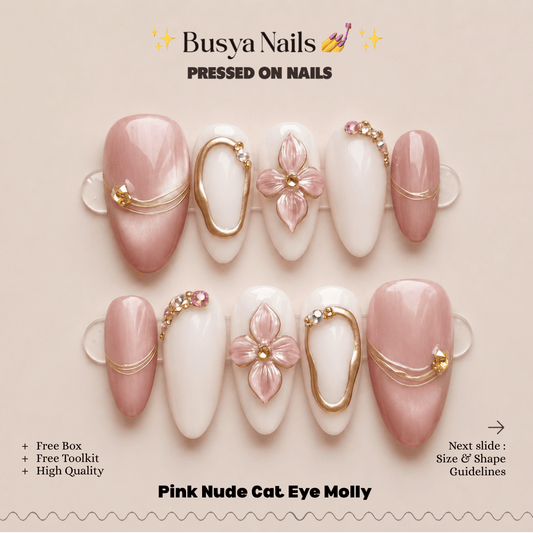 Busya Nails -Pink Nude Cat Eye Molly Pressed On Nails Kuku Palsu Free Tools