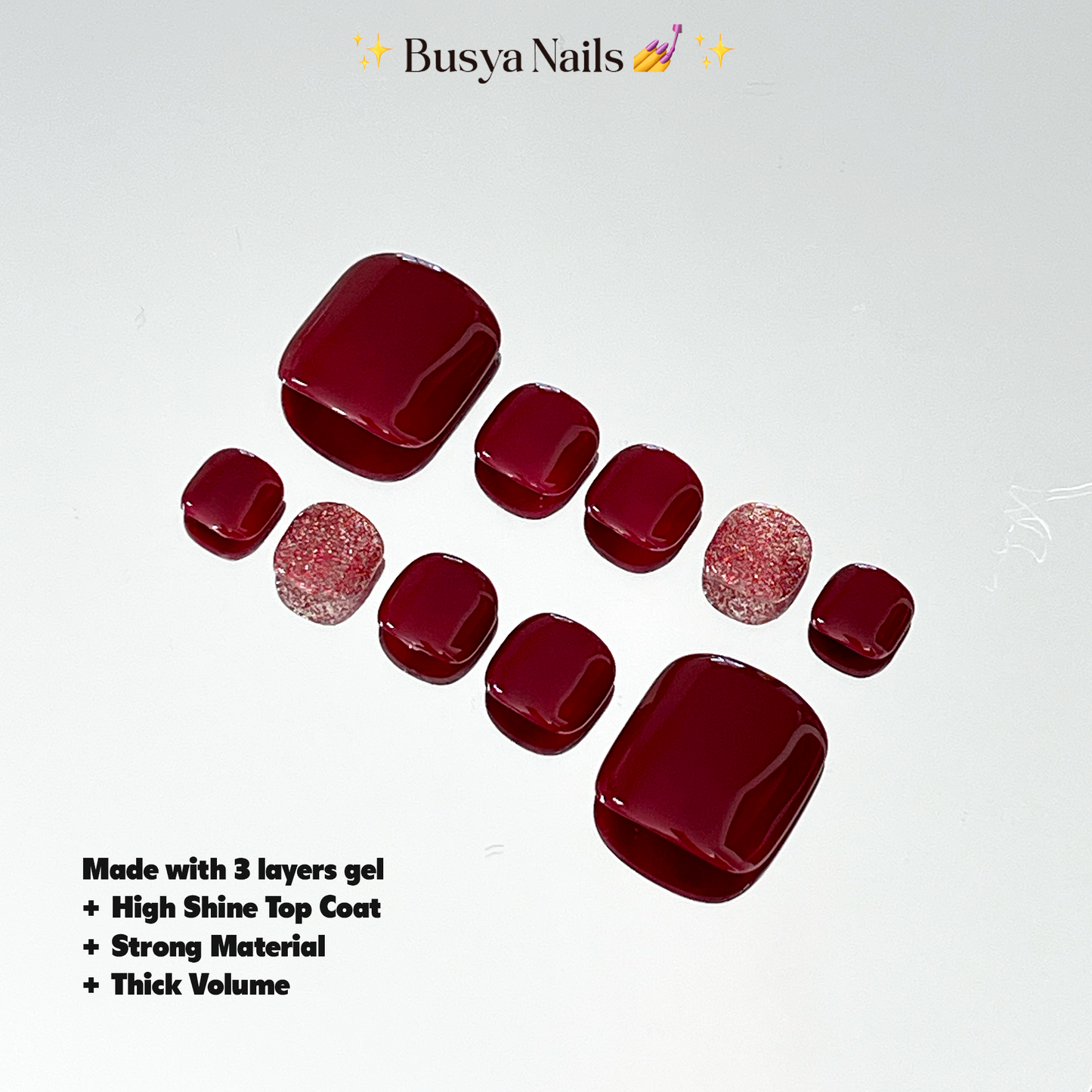 Busya Nails - Red on Red Glitter Toe Nails Pressed On Nails Gel Free Toolkit Kuku Palsu