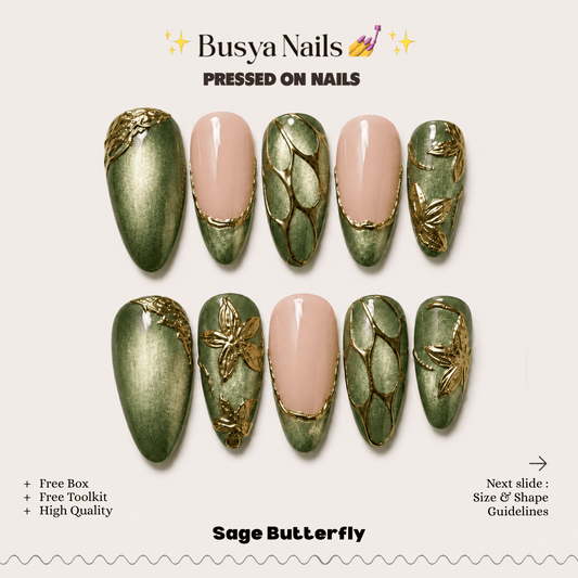 Busya Nails - Sage Butterfly Pressed On Nails Kuku Palsu Free Tools