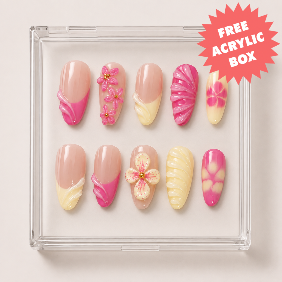 Busya Nails - Butter Fuschia Flowers Pressed On Nails Kuku Palsu Free Tools