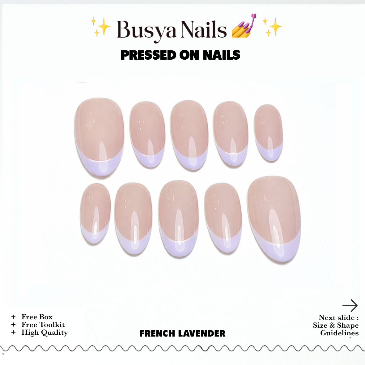 Busya Nails - French Lavender Light Gel Nail Art Kuku Palsu Pressed On Nails Gel Free Toolkit