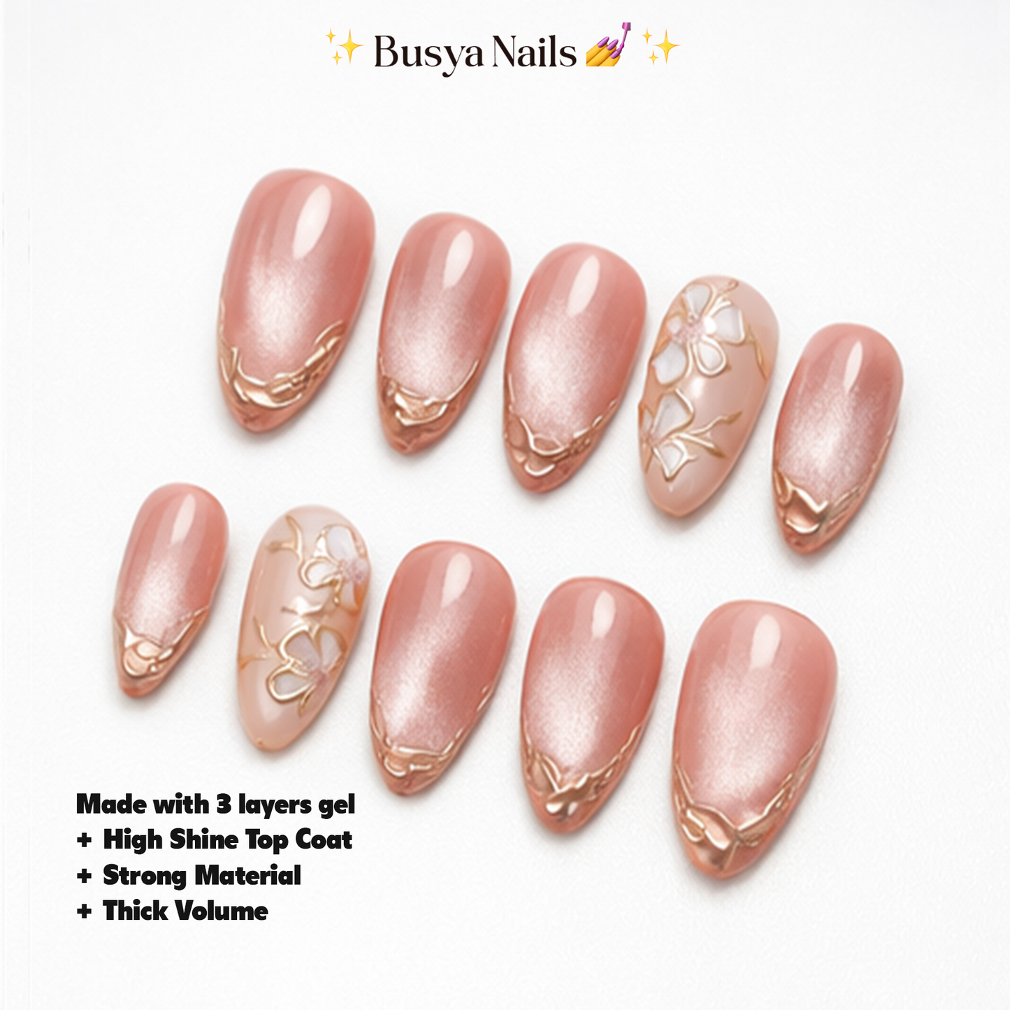 Busya Nails - Jasmine Chrome Pink Cat Eye Wedding Nails Pressed On Nails Putih Nude Kuku Palsu Free Lem Tools