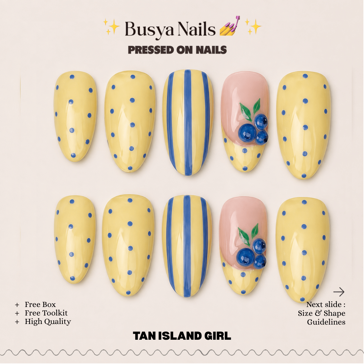 Busya Nails - Blueberry Butter Polka Dots 3D Pressed On Nails Kuku Palsu Free Tools