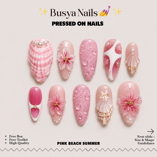 Salin Busya Nails - Pink Beach Summer 3D Pressed On Nails Kuku Palsu Free Tools
