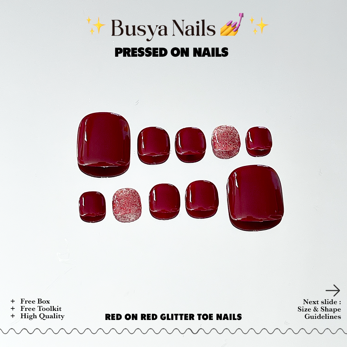 Busya Nails - Red on Red Glitter Toe Nails Pressed On Nails Gel Free Toolkit Kuku Palsu