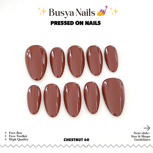 Busya Nails - Chestnut 60 Brown Pressed On Nails Kuku Palsu Free Lem Tools
