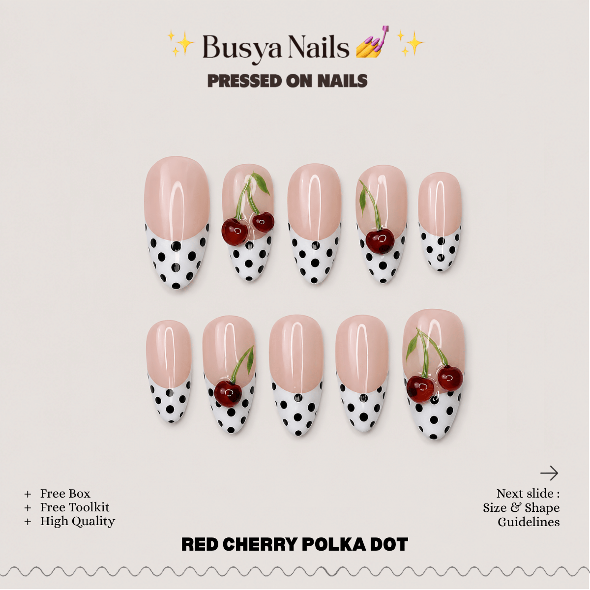 Busya Nails - Red Cherry Polka Dots 3D Pressed On Nails Kuku Palsu Free Tools
