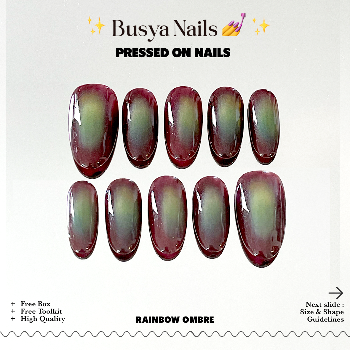 Busya Nails - Rainbow Ombre Pressed On Nails Kuku Palsu Free Lem Tools