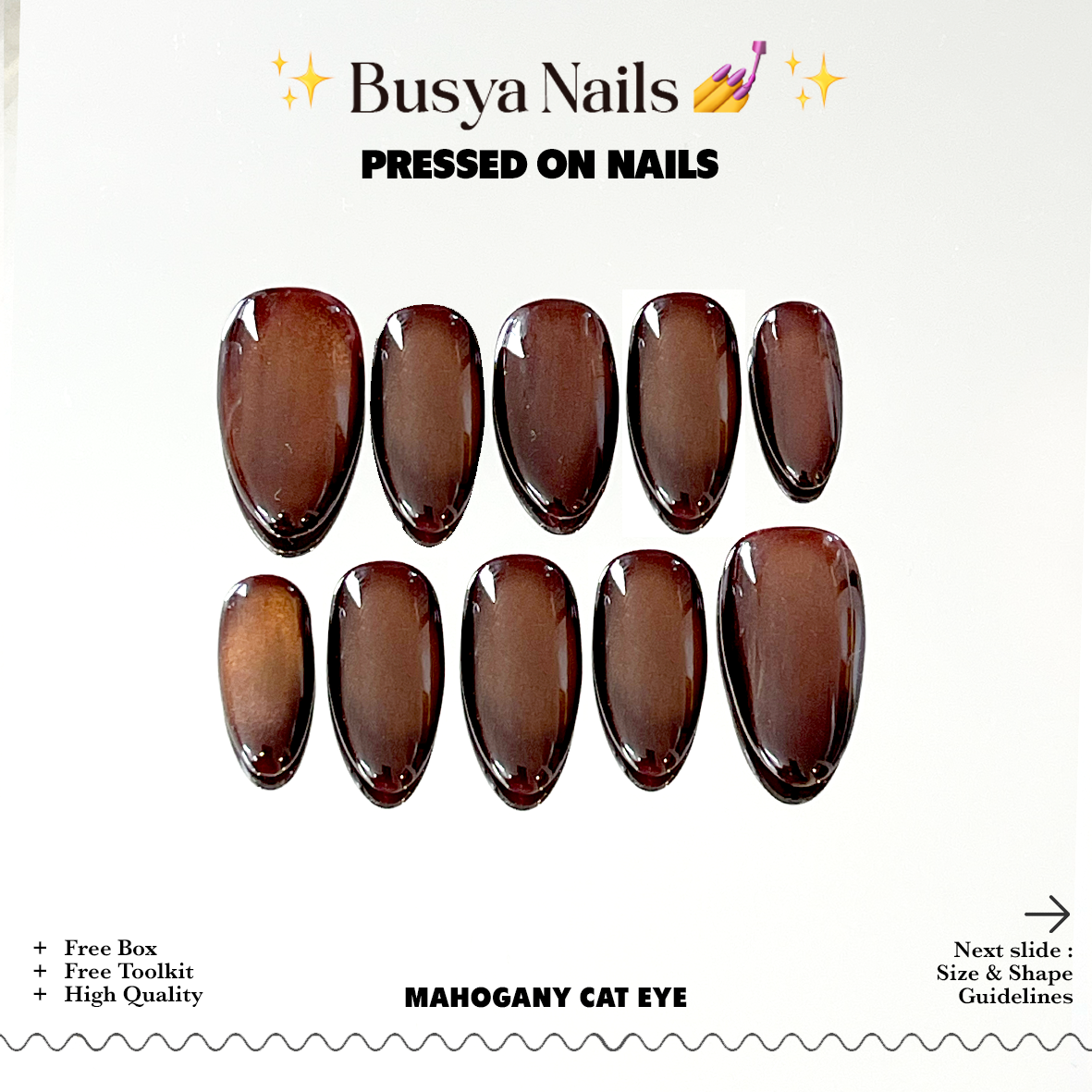 Busya Nails - Mahogany Cat Eye Pressed On Nails Kuku Palsu Free Lem Tools