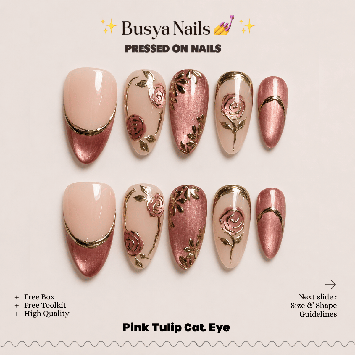 Busya Nails - Pink Tulip Petal Pressed On Nails Kuku Palsu Free Tools