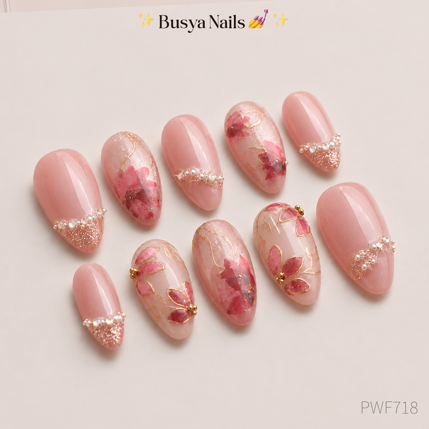 Busya Nails - Pink Wedding Red Flower Pressed On Nails Kuku Palsu Free Tools