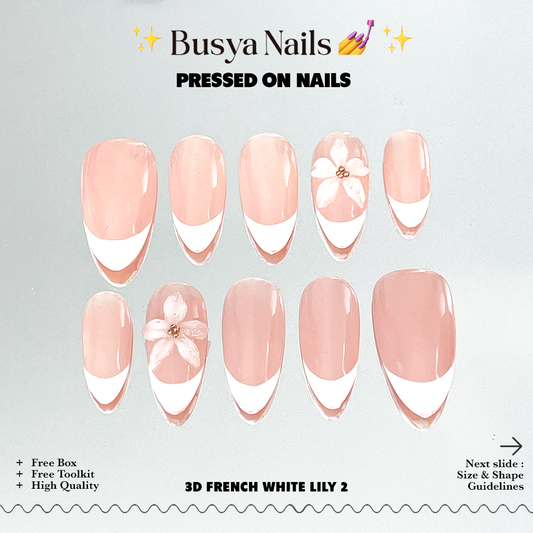 Busya Nails - 3D French White Lily 2 Pressed On Nails Kuku Palsu Free Tools
