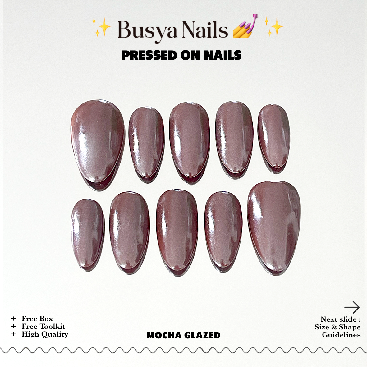 Busya Nails - Mocha Glazed Gel Nail Art Kuku Palsu Pressed On Nails Gel Free Toolkit