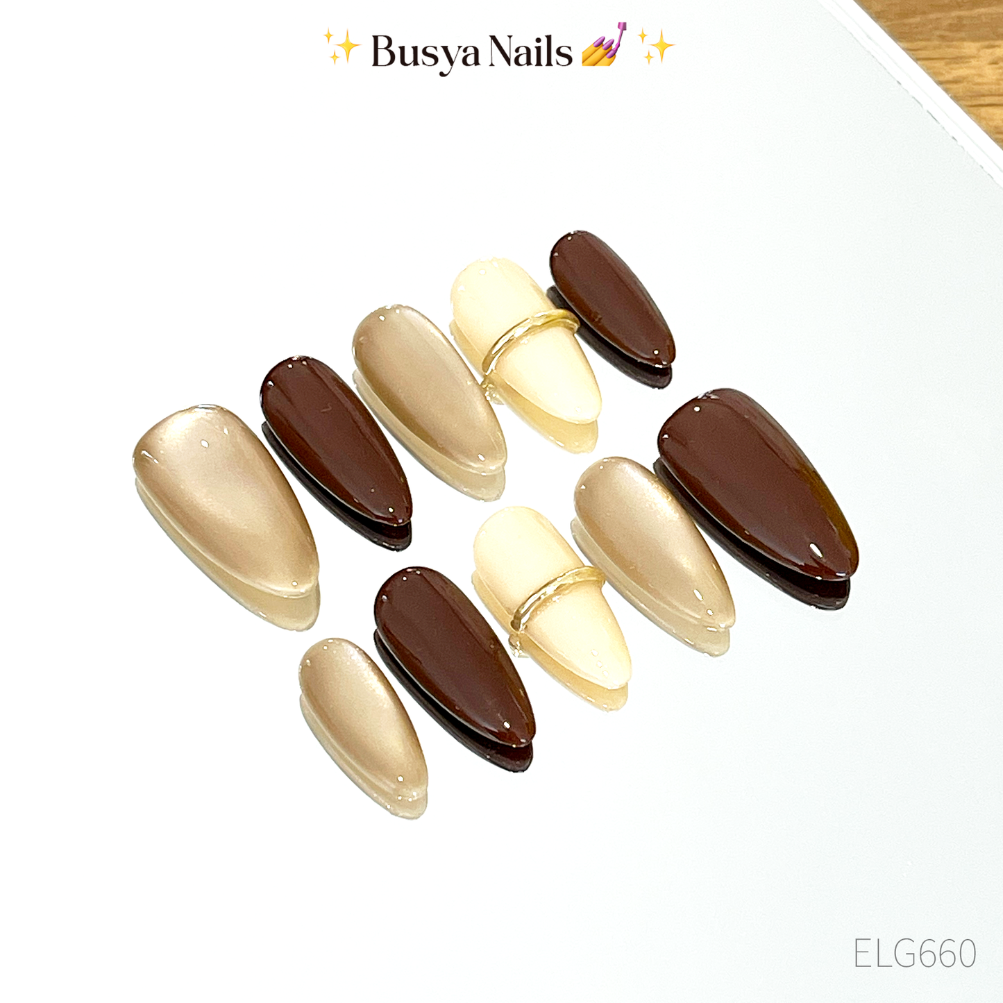 Busya Nails - Elgy Brown Bangle Cat Eye Glass Water Pressed On Nails Kuku Palsu Free Tools