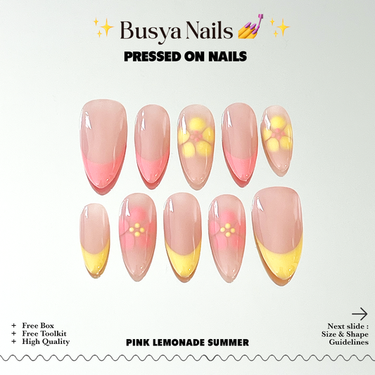 Busya Nails - Pink Lemonade Summer Pressed On Nails Kuku Palsu Free Tools