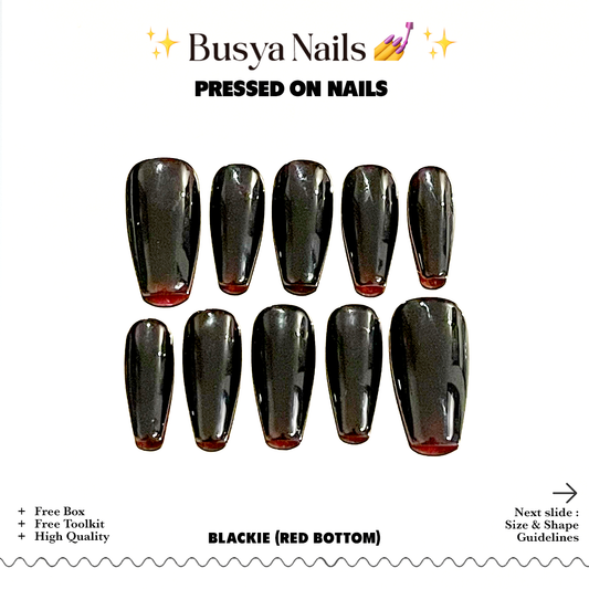 Busya Nails - Blackie Red Bottom Nails Pressed On Nails Kuku Palsu Free Tools