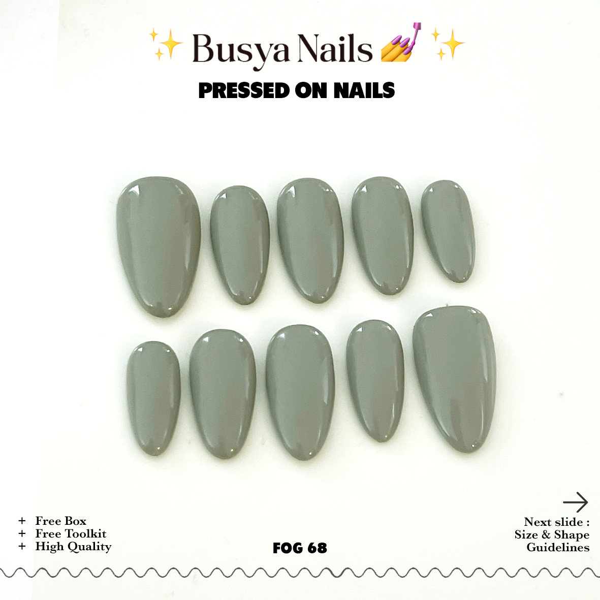 Busya Nails - Fog 68 Gray Pressed On Nails Kuku Palsu Free Lem Tools