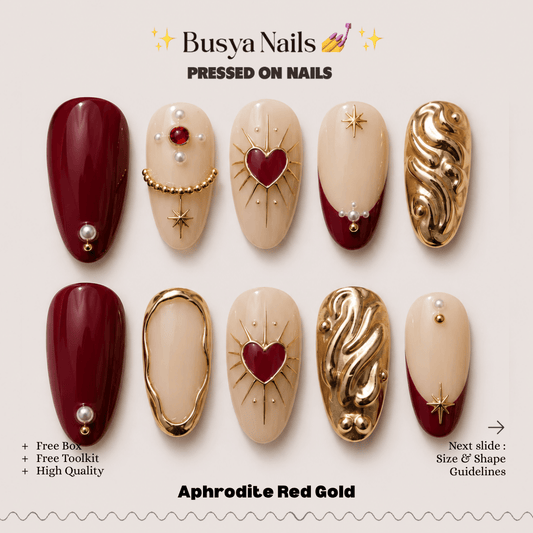 Busya Nails - Aphrodite Red Gold Pressed On Nails Kuku Palsu Free Tools