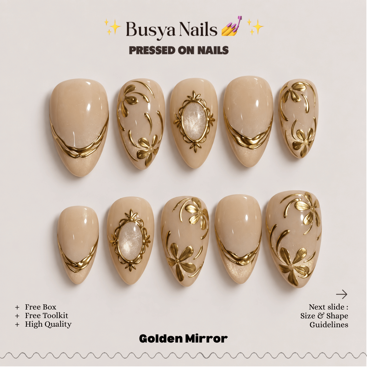 Busya Nails - Golden Mirror Pressed On Nails Kuku Palsu Free Tools