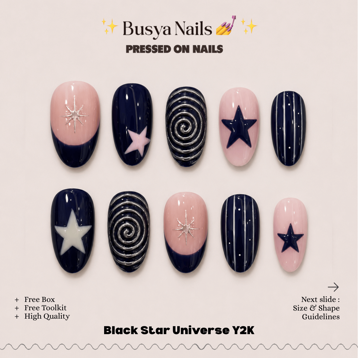 Busya Nails - Black Star Universe Y2K Pressed On Nails Kuku Palsu Free Tools
