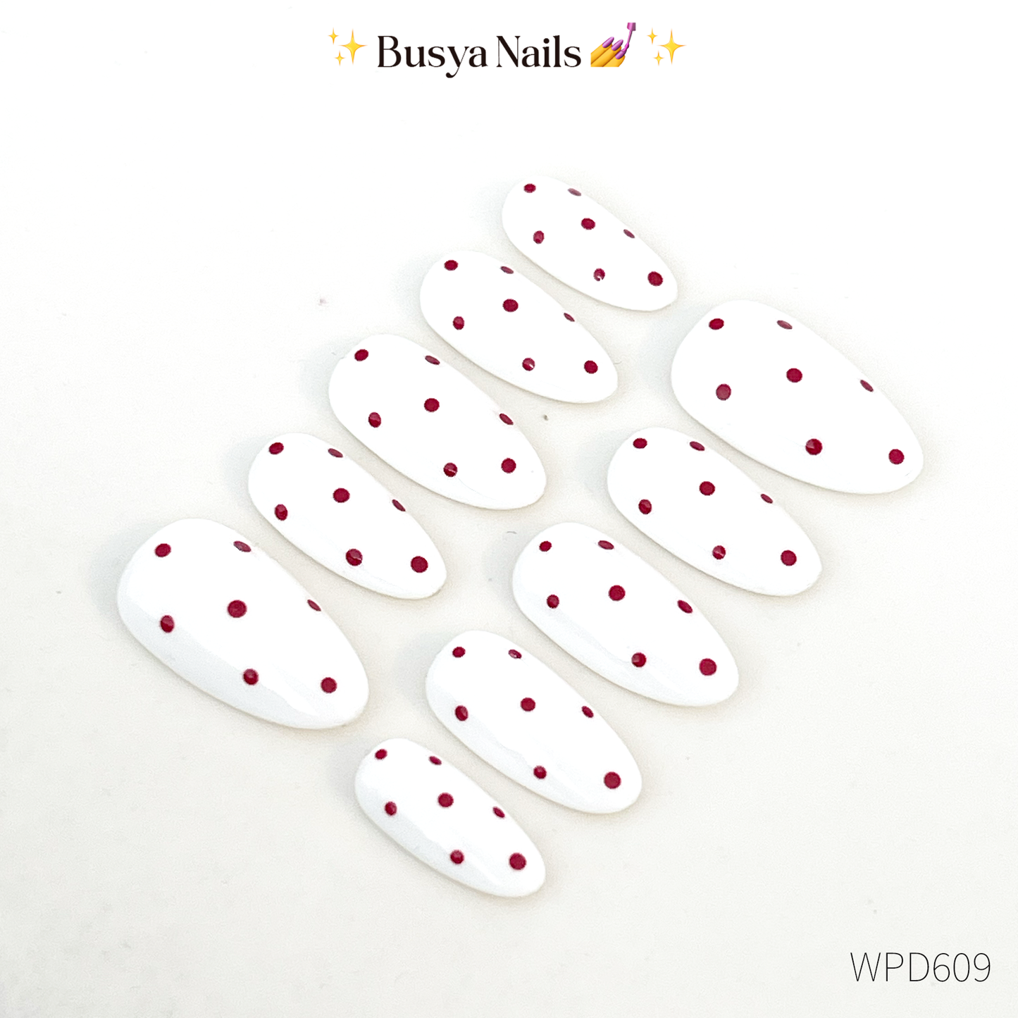 Busya Nails - White Maroon Polka Dots Pressed On Nails Gel Free Toolkit Kuku Palsu