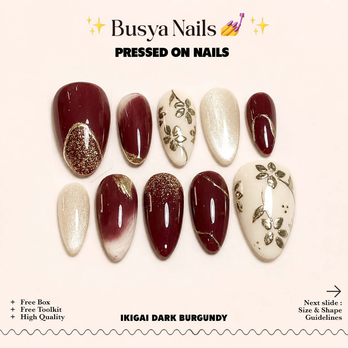 Busya Nails - Ikigai Dark Burgundy Pressed On Nails Kuku Palsu Free Tools
