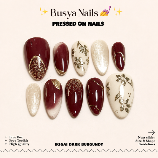 Busya Nails - Ikigai Dark Burgundy Pressed On Nails Kuku Palsu Free Tools