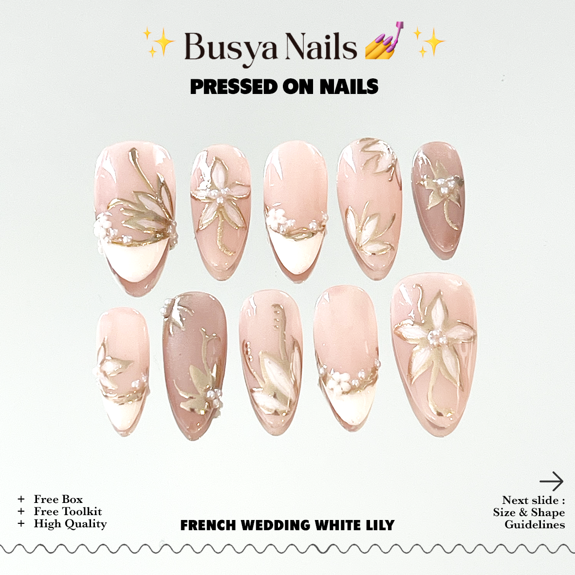 Busya Nails - French Wedding White Lily Nails Pressed On Nails Putih Nude Kuku Palsu Free Lem Tools