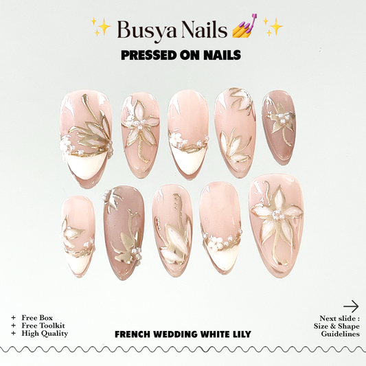 Busya Nails - French Wedding White Lily Nails Pressed On Nails Putih Nude Kuku Palsu Free Lem Tools