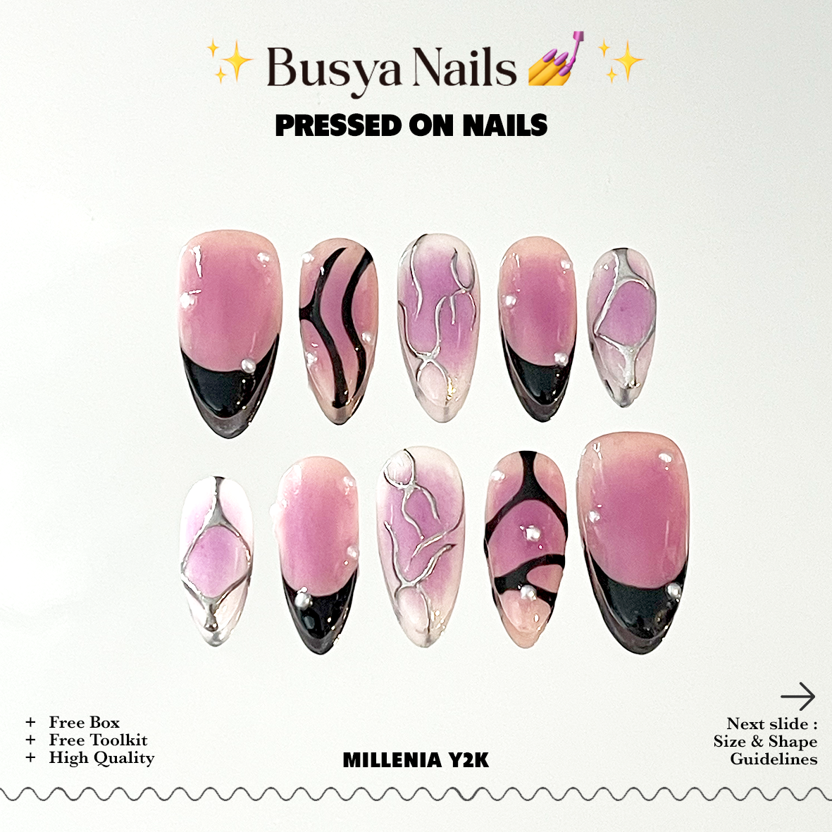 Busya Nails - Millenia Y2K Pressed On Nails Kuku Palsu Free Tools