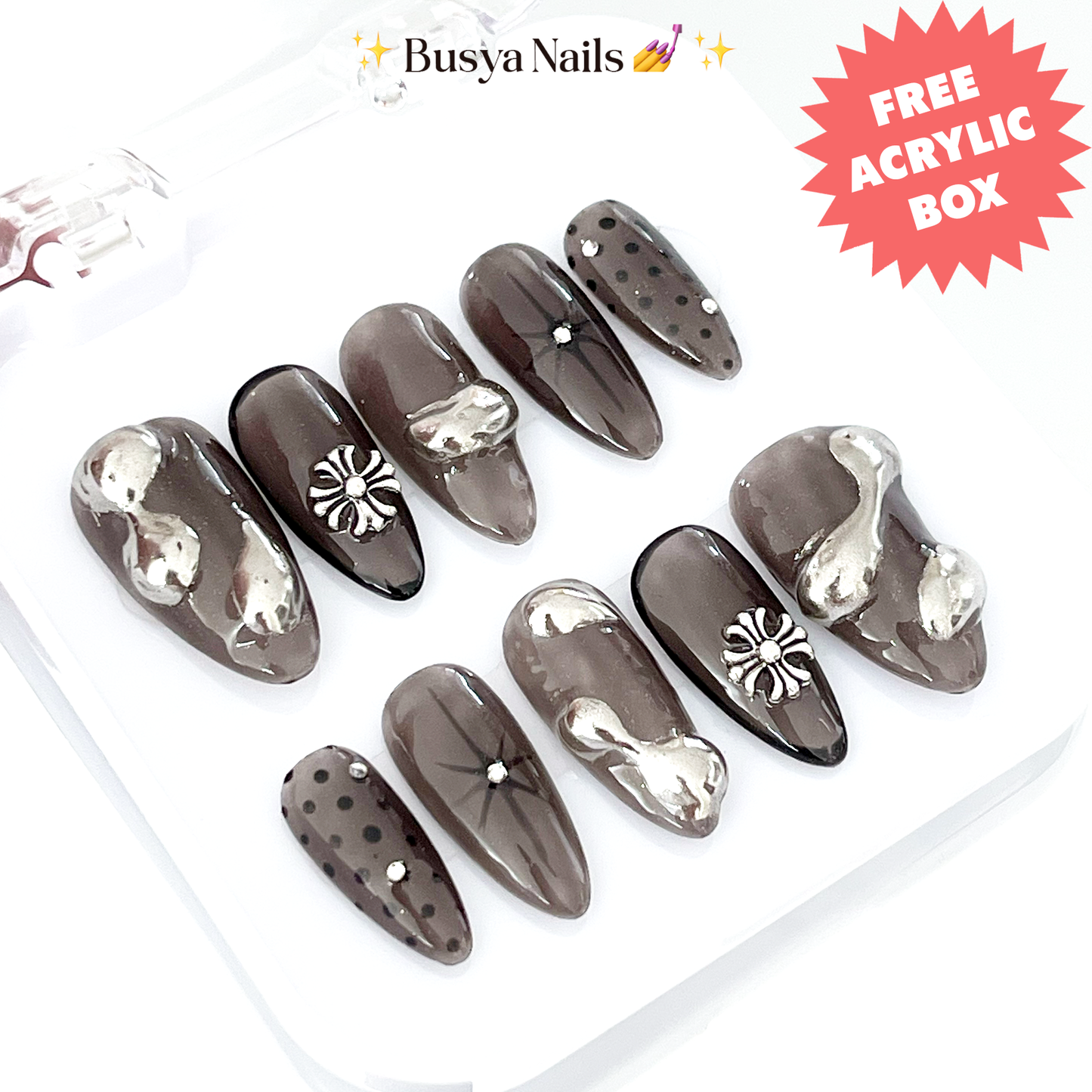 Busya Nails - Black Reflux Liquid Flow Chrome Nails Pressed On Nails Kuku Palsu Free Tools