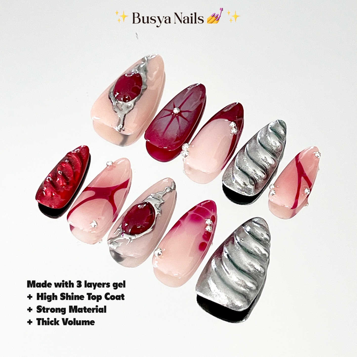 Busya Nails - Knife Y2K Metal Red Silver Pressed On Nails Gel Free Toolkit Kuku Palsu