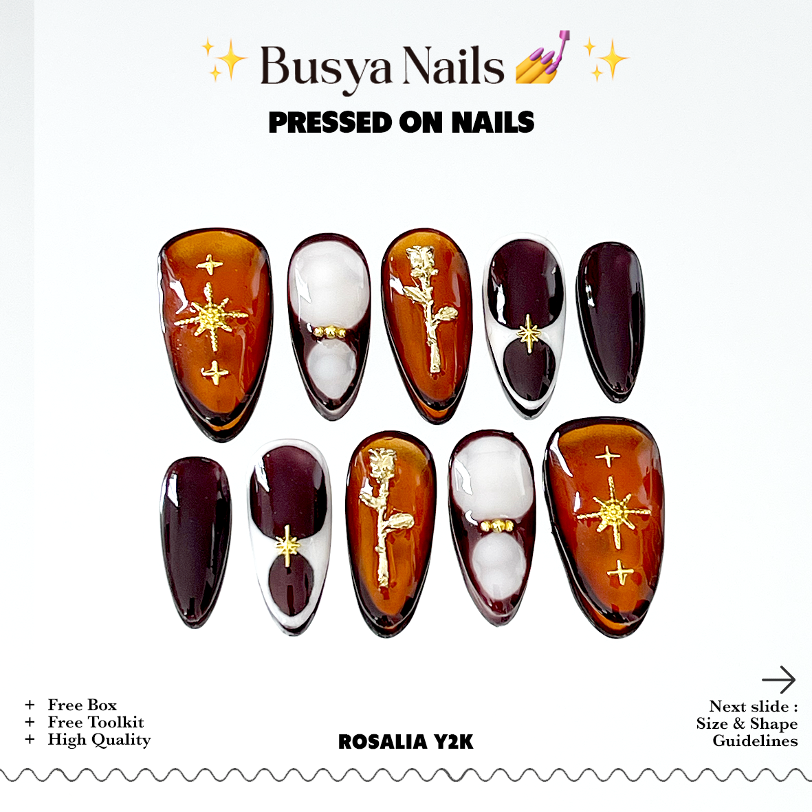Busya Nails - Rosalia Y2K Tortoise Gold Rose Charm Pressed On Nails Gel Free Toolkit